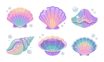 design a set of magical pastel seashell illustrations in a modern vector style, easily editable and 