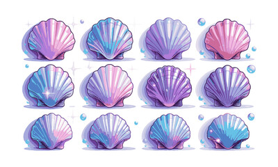 design a set of magical pastel seashell illustrations in a modern vector style, easily editable and 