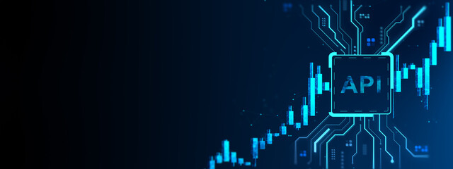 Fototapete - API interface with futuristic digital circuitry and glowing bar chart elements on dark abstract background representing data exchange and technology growth. 3D Rendering