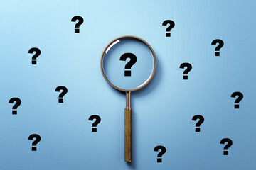 Fototapete - Magnifying glass highlighting question mark among many on blue gradient background, symbolizing curiosity, research, and problem-solving concepts. 3D Rendering