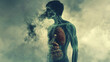 © tinyt.studio - An abstract image of a sick, unwell person affected by pollution and smoke, with a semi-transparent view revealing their internal organs