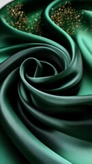 Poster - Emerald Green Silk Fabric Swirls with Golden Glitter Accents, Soft and Smooth Texture, Elegant and Luxurious Visual