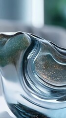 Poster - Translucent flowing glassy form casting reflections, highlighted with particles, on soft folds with bokeh for a serene, abstract scene