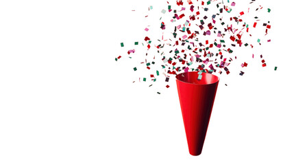 Red party popper exploding with colorful confetti on transparent background