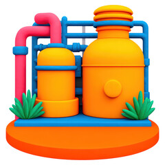 Poster - Colorful Industrial Equipment with Pipes and Plants in 3D Render, isolated on transparent background.