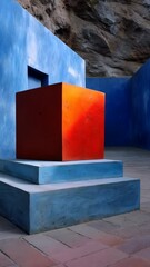Poster - Abstract architectural composition featuring an orange cube on blue steps against a rock face backdrop.