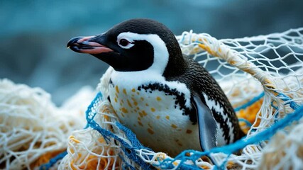Wall Mural - marine plastic pollution and nature conservation concept - penguin stuck in plastic net