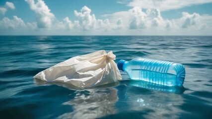 Wall Mural - concept of plastic water bottle and bag floating in sea highlighting environmental pollution of plas