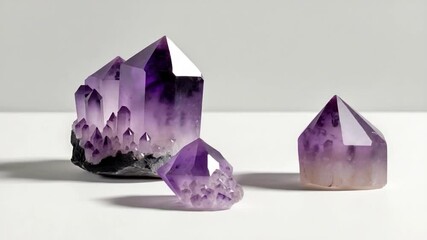 Poster - Raw amethyst crystals separated on a white background.