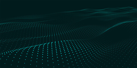 Fototapete - Futuristic dot wave. Abstract digital particle wave. Technology background. Colored musical wave. Dark background. Digital background with smooth, wavy curves. 3D rendering.