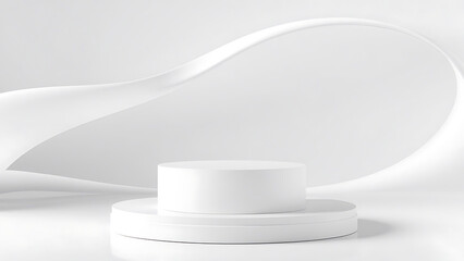 Poster - Elegant White Product Display Platform Minimalist Cylindrical Podium with Abstract Wave Background for Showcase and Presentation