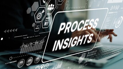 Poster - modern data analytics displaying process insights over laptop for business strategy development and 