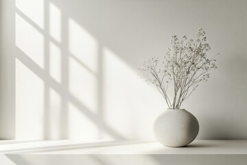 Aufkleber - Minimalist interior design features a round vase with dried flowers beside soft natural light streaming through a window, creating calming shadows on a neutral wall