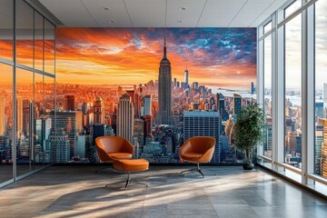 Poster - Vibrant skyline of New York City during sunset seen from a modern office interior with cozy furniture