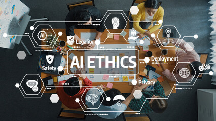 Poster - Group of Diverse Professionals Discussing AI Ethics in a Modern Office Setting with Focus on Safety, Legality, Privacy, and Deployment Considerations. Amity