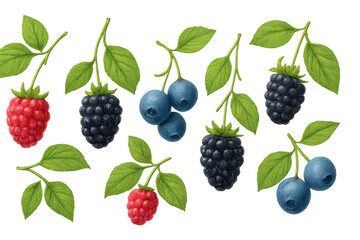Poster - Ripe berries — raspberries, blackberries, blueberries — clustered on branches with verdant leaves, isolated on transparent backdrop
