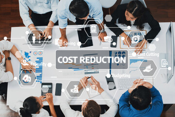 Aufkleber - Discover a team of diverse professionals engaged in cost reduction strategies using digital tools and charts to enhance financial management and optimize resources. Amity