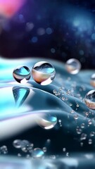 Poster - Macro photo showing water droplets with landscape reflection on blue flowing surface, abstract and blurred background