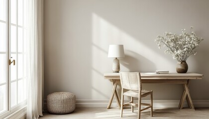 Aufkleber - Bright indoor corner with lamp and potted plants creating a cozy atmosphere during the afternoon sunlight