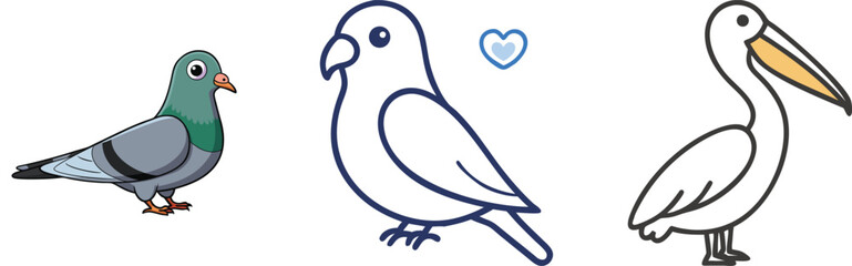 Poster - Cartoon vector illustration featuring pigeon lovebird and pelican against white background