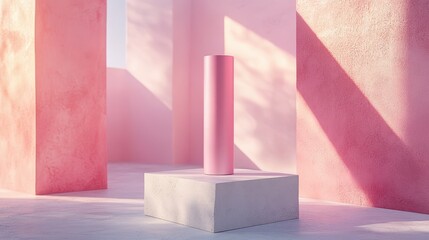 Leinwandbilder - Modern minimalistic display featuring a tall pink cylinder on a white pedestal surrounded by pink textured walls during daylight