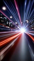 Poster - Futuristic data stream with vibrant red and blue light trails, blurred cityscape, dynamic, technology, motion graphics