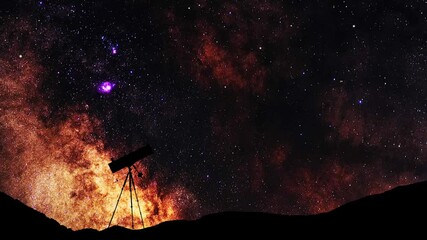 Wall Mural - telescope silhouette stands on the hill on the milky way galaxy an background. night tight landscape