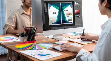 Poster - Graphic designer software for modern design of web page and commercial brisk ads showing on the computer screen