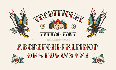 Poster - Perfect Old School tattoo designs with vintage type font vector template for apparel prints. Traditional tattoo designs of eagle or hawk and rock style font. Old School Tattoo Alphabet	