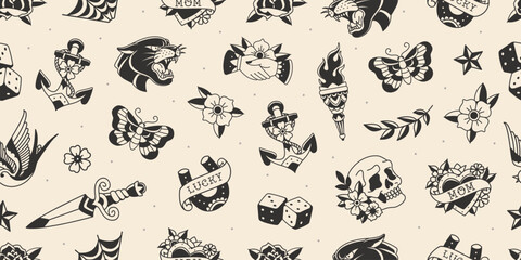 Poster - Old school tattoo pattern for apparel print design. Traditional tattoo background of Old School symbols, elements set of panther head, anchor, torch, butterfly, lucky horseshoe