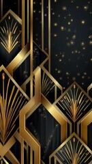 Poster - Elegant black and gold art deco patterned background with geometric shapes and sparkling light effects for luxurious designs
