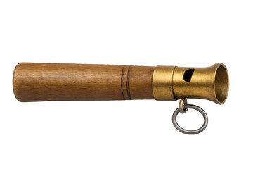 Fototapete - Studio shot of a vintage whistle made of wood and brass, featuring a ring for attachment, isolated on a transparent background