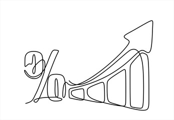 Poster - Continuous one line drawing of increasing up arrows bar graph and percent . Hand drawn design vector illustration.Editable stroke.