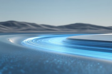 Wall Mural - abstract blue light trails on a curved surface with out-of-focus hills in the background