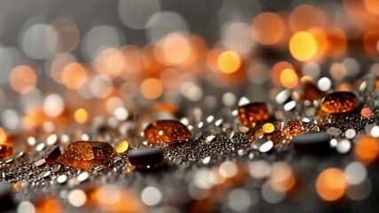Fototapete - Amber Drops on Slate: Close-up shot showcases amber drops cling to dark slate, illuminated by shimmering light, creating a captivating study in texture and color.