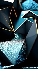 Poster - Abstract dark polygons with gold trim and a field of blue light particle accents for a geometric and modern look