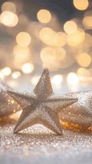 Poster - A close-up of a glittery star ornament on a sparkling surface. Soft create lights bokeh a festive atmosphere, ideal for holiday decorations.