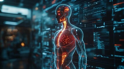 Poster - Human Body in Futuristic Perspective: A translucent human form glows amidst a high-tech environment of data streams, representing the intersection of human biology and advanced technology.