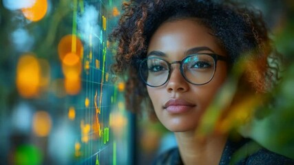 Poster - Analyst Contemplation: A focused woman with glasses examines market data, portraying professional introspection and financial analysis in a modern setting.