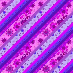 Wall Mural - seamless patchwork pattern with diagonal stripes decorated with flowers and paisley in fuchsia and b