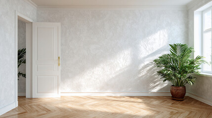 Poster - Bright room with herringbone floor white walls open door and potted plant near the window light shining