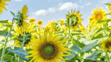 Poster - Field of Sunflowers under Blue Sky: A vibrant field of sunflowers, their faces turned towards the sun.