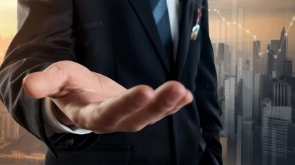 Aufkleber - Businessman presenting zero percent in hand with city skyline and stock graph overlayed
