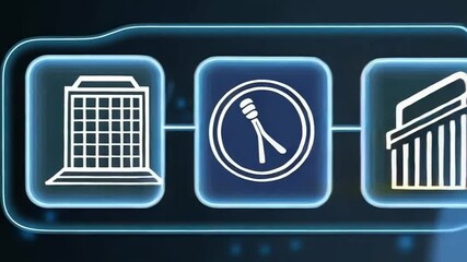 Poster - Finger touching rfid icon on screen with circuit board and building icons around in dark blue tone