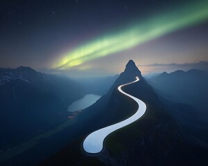 mountain road with aurora, and night landscape.
