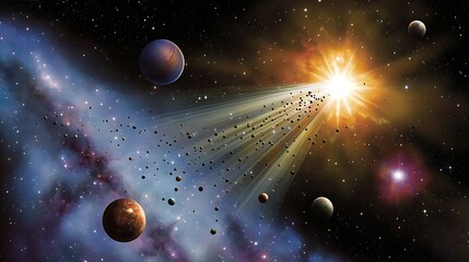 Wall Mural - cosmic illustration of exoplanets orbiting distant stars with nebulae and asteroid belts illuminatin