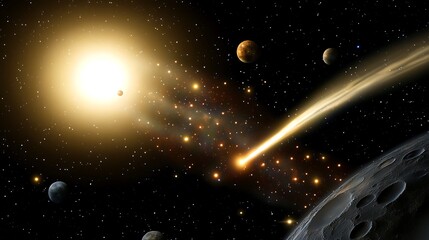 Wall Mural - cosmic illustration of exoplanets orbiting distant stars with nebulae and asteroid belts illuminatin