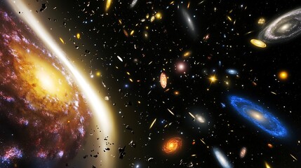 Wall Mural - cosmic visualization of galactic evolution showcasing the process of a galaxy growing and interactin