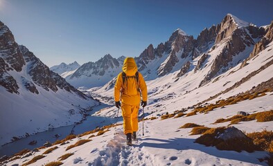 Poster - Man in a yellow jacket is walking on a snowy mountain. The mountains are covered in snow and the sky is clear. The man is carrying a backpack and he is enjoying the beautiful scenery