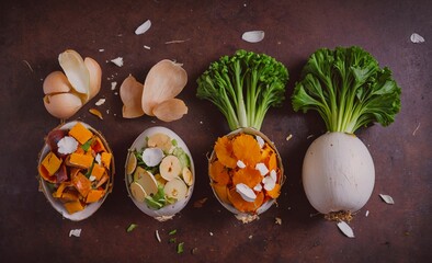 Poster - Four bowls of food with vegetables and one with an egg. The bowls are arranged in a row on a table